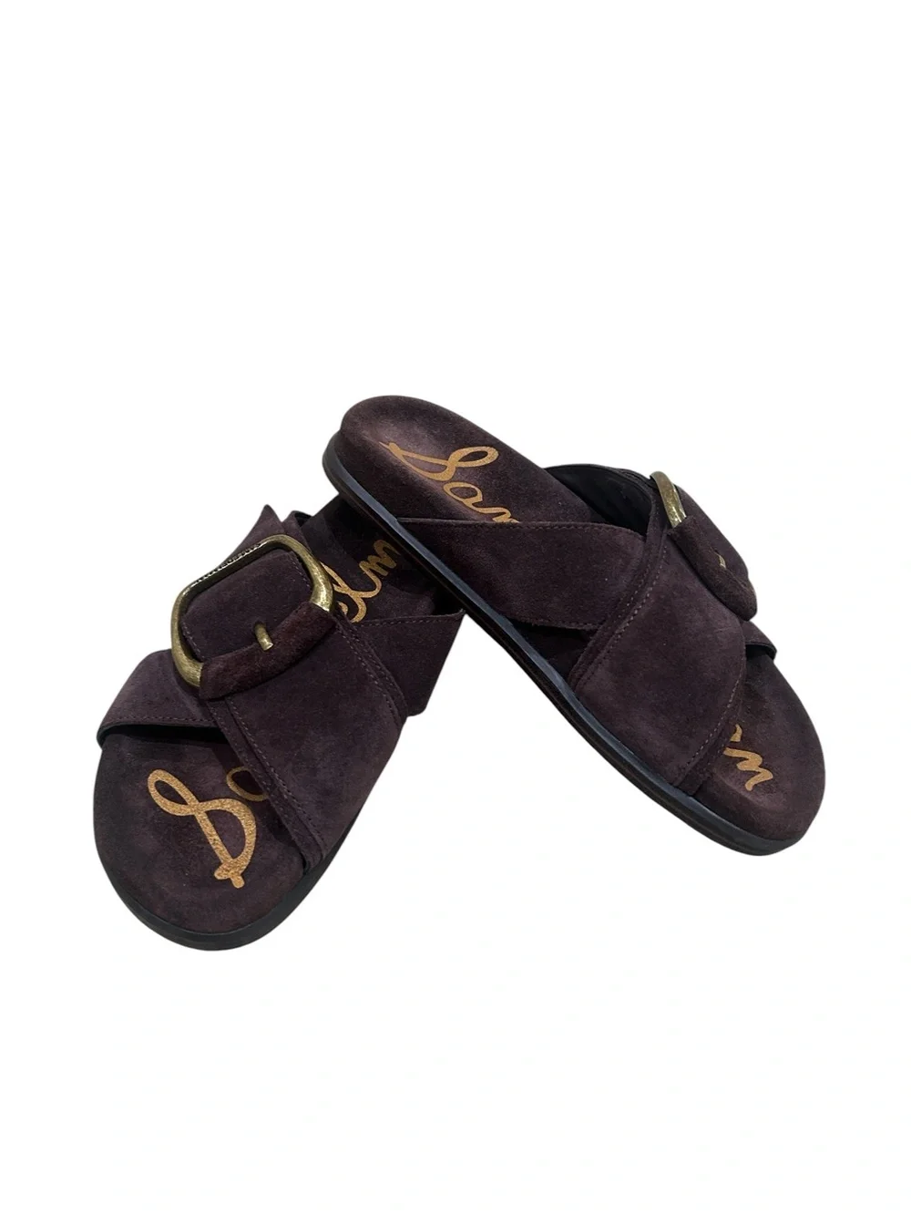 Sam Edelman Darla dark brown Suede Slide Sandals Antiqued Gold Buckle size 6.5